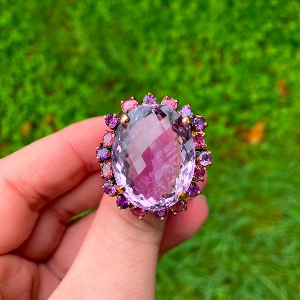 Gorgeous 40 CT IF Amethyst Ring With Tourmaline Accents Size 8 Silver 925 Huge